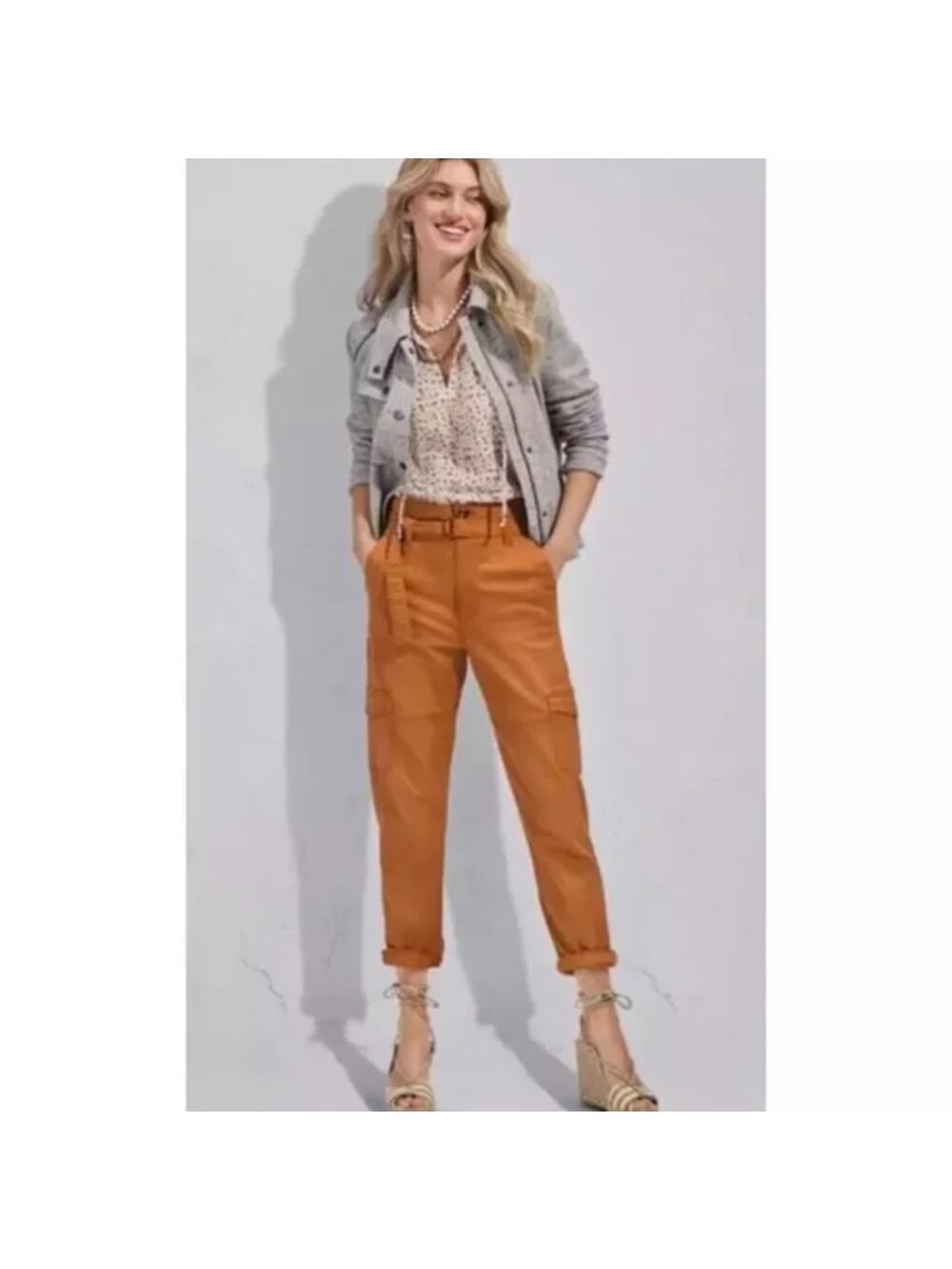 NEW CAbi Paper Bag Cargo Pants w/ Belt Size 16 High Rise Stretch Style # 6045